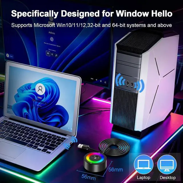 Alt view image 5 of 7 - USB Fingerprint Reader for Windows 10/11/12 ONLY, RGB Light Up Windows Hello Fingerprint Scanner with 5FT Extension Cable,Match-in-Sensor Security, Plug and Play for Laptop/PC(Not for Mac/Linux)