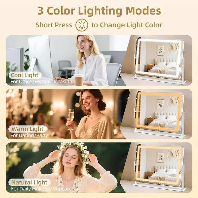 Alt view image 2 of 7 - Vanity Mirror with Lights 22"x17", Lighted Makeup Mirror with 10X Magnification 4.5", 3 Color Dimmble Lights, Touch Control, 360° Rotation, Metal Frame, Women's Gift, For Bedroom/Dressing Room, White