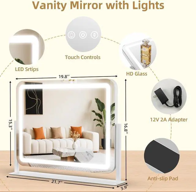 Alt view image 5 of 7 - Vanity Mirror with Lights 22"x17", Lighted Makeup Mirror with 10X Magnification 4.5", 3 Color Dimmble Lights, Touch Control, 360° Rotation, Metal Frame, Women's Gift, For Bedroom/Dressing Room, White