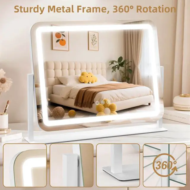 Alt view image 6 of 7 - Vanity Mirror with Lights 22"x17", Lighted Makeup Mirror with 10X Magnification 4.5", 3 Color Dimmble Lights, Touch Control, 360° Rotation, Metal Frame, Women's Gift, For Bedroom/Dressing Room, White