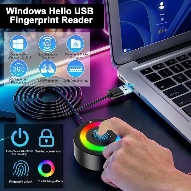 Alt view image 2 of 7 - USB Fingerprint Reader for Windows 10/11/12 ONLY, RGB Light Up Windows Hello Fingerprint Scanner with 5FT Extension Cable,Match-in-Sensor Security, Plug and Play for Laptop/PC(Not for Mac/Linux)