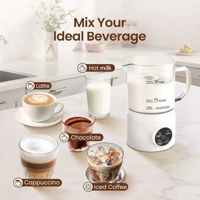 Alt view image 2 of 7 - 4-in-1 Milk Frother, Electric Milk Frother and Steamer with LED Touch Screen, Ceramic Lining Bottom, Milk Warmer 13.52oz for Lattes, Cappuccinos, and Macchiatos at Home, White