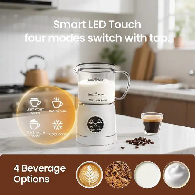 Alt view image 4 of 7 - 4-in-1 Milk Frother, Electric Milk Frother and Steamer with LED Touch Screen, Ceramic Lining Bottom, Milk Warmer 13.52oz for Lattes, Cappuccinos, and Macchiatos at Home, White