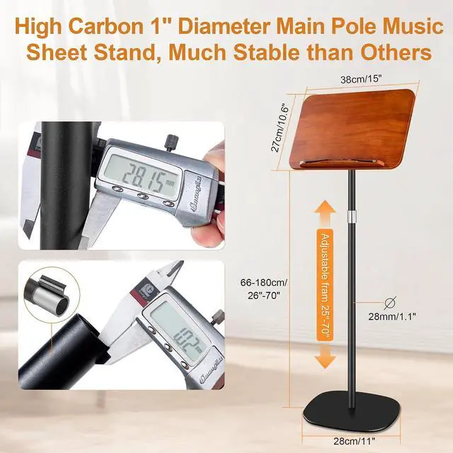 Alt view image 3 of 7 - Solid Wooden Height Adjustable Music Sheet Stand for Guitar Bass Violin Ukulele Sax Players Stage Performance Music Stand, Floor Reading Stand with Page Clip for Cookbooks, Sheet Music, etc