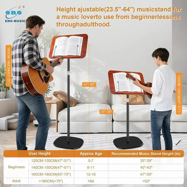 Alt view image 2 of 7 - Solid Wooden Height Adjustable Music Sheet Stand for Guitar Bass Violin Ukulele Sax Players Stage Performance Music Stand, Floor Reading Stand with Page Clip for Cookbooks, Sheet Music, etc