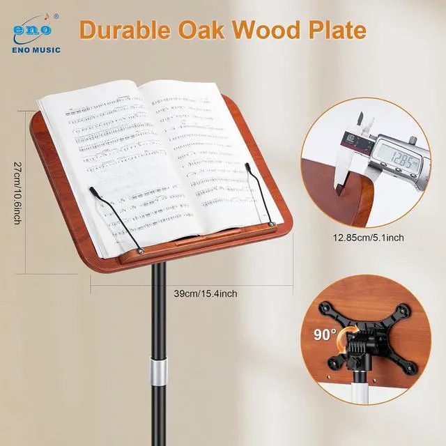 Alt view image 5 of 7 - Solid Wooden Height Adjustable Music Sheet Stand for Guitar Bass Violin Ukulele Sax Players Stage Performance Music Stand, Floor Reading Stand with Page Clip for Cookbooks, Sheet Music, etc