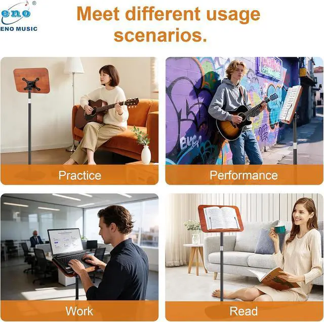 Alt view image 7 of 7 - Solid Wooden Height Adjustable Music Sheet Stand for Guitar Bass Violin Ukulele Sax Players Stage Performance Music Stand, Floor Reading Stand with Page Clip for Cookbooks, Sheet Music, etc