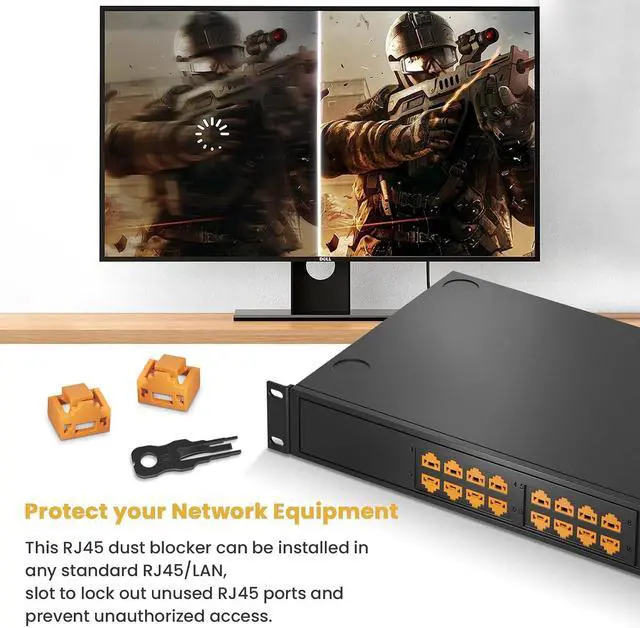 Alt view image 2 of 7 - 100 Pcs RJ45 Port Lock with 10 Key, LockingR.45 PortDust Blocker, Rw45 Dust Cover Cap FemalePort Plugs Protector, Compatile RJ45 Port Devices, Orange