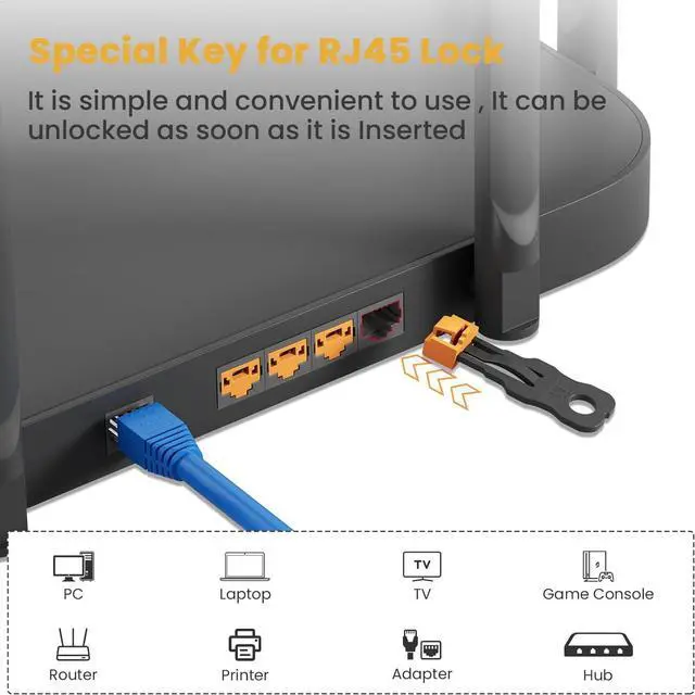 Alt view image 6 of 7 - 100 Pcs RJ45 Port Lock with 10 Key, LockingR.45 PortDust Blocker, Rw45 Dust Cover Cap FemalePort Plugs Protector, Compatile RJ45 Port Devices, Orange