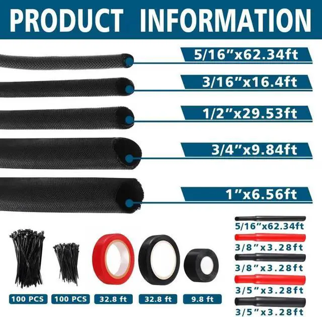 Alt view image 2 of 7 - Split Wire Loom Kit for Cable Management, High Temperature Resistant Split Loom Tubing for Auto Wiring Protection, Pet & Rodent Proof Cord Organizer with Heat Shrink Tubing, Silicone Tape & Ties