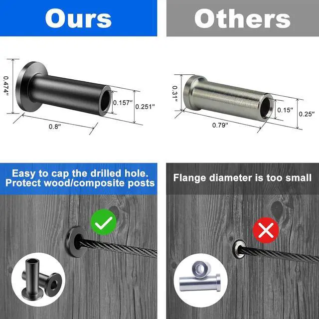 Alt view image 4 of 7 - 100 Pack Black Stainless Steel Protector Sleeves for 1/8" Deck Cable Railing, for Wood/Composite Posts, T316 Marine Grade, Black Cable Railing Protector Sleeves