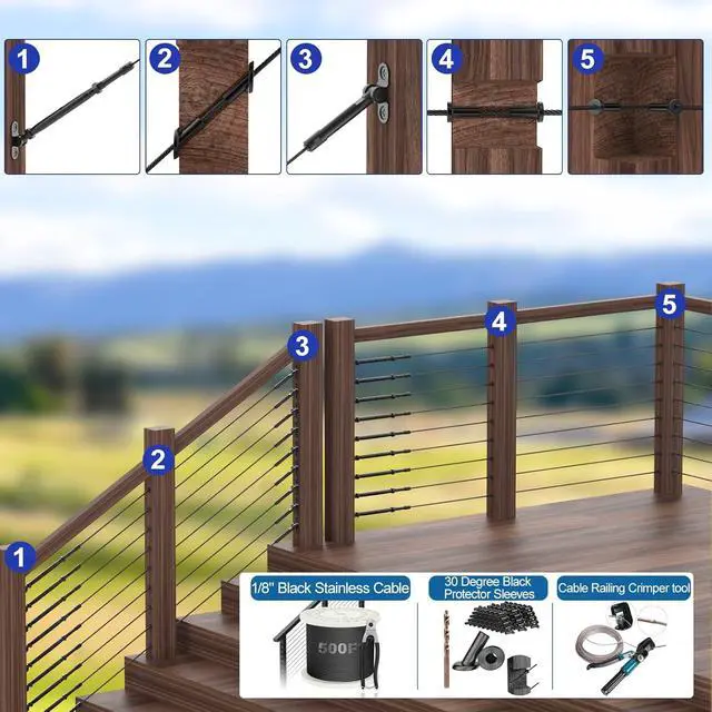 Alt view image 6 of 7 - 100 Pack Black Stainless Steel Protector Sleeves for 1/8" Deck Cable Railing, for Wood/Composite Posts, T316 Marine Grade, Black Cable Railing Protector Sleeves