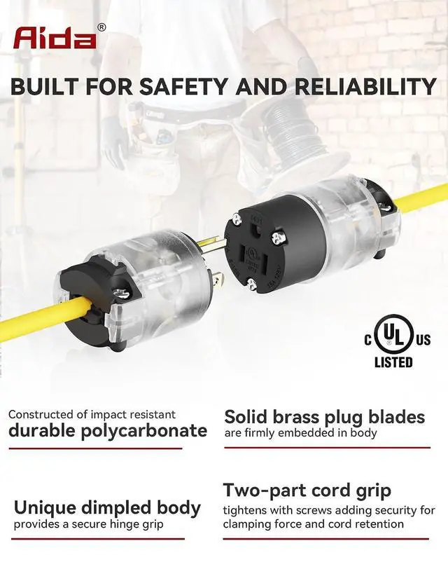 Alt view image 4 of 7 - Lighted Plug and Connector Set, Straight Blade Cord End Replacement, 15 Amp 125Volt, NEMA 5-15P & NEMA 5-15R, 2 Pole 3Wire Grounding, Black, 1 Set
