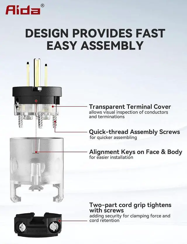 Alt view image 5 of 7 - Lighted Plug and Connector Set, Straight Blade Cord End Replacement, 15 Amp 125Volt, NEMA 5-15P & NEMA 5-15R, 2 Pole 3Wire Grounding, Black, 1 Set