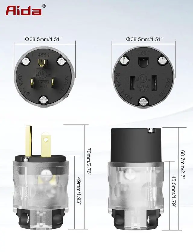 Alt view image 7 of 7 - Lighted Plug and Connector Set, Straight Blade Cord End Replacement, 15 Amp 125Volt, NEMA 5-15P & NEMA 5-15R, 2 Pole 3Wire Grounding, Black, 1 Set