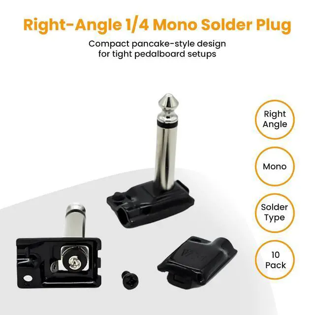 Alt view image 2 of 7 - ESP 1/4 Inch Right Angle Mono Plug, Soldered TS Jack for 4mm Cable, Low Profile Pancake Style Connector, High Copper Brass Contacts, Black Shell, 1 Pack
