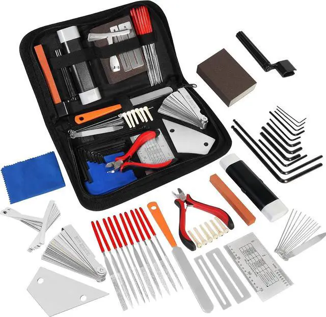Main image of Guitar Repairing Maintenance Kit with Measuring Ruler Gauges Files Hex Wrenches String Winder Cutter Cleaner for Guitar Bass Ukulele Banjo, Guitar Setup Tool Kit for Luthier Beginner Enthusiast
