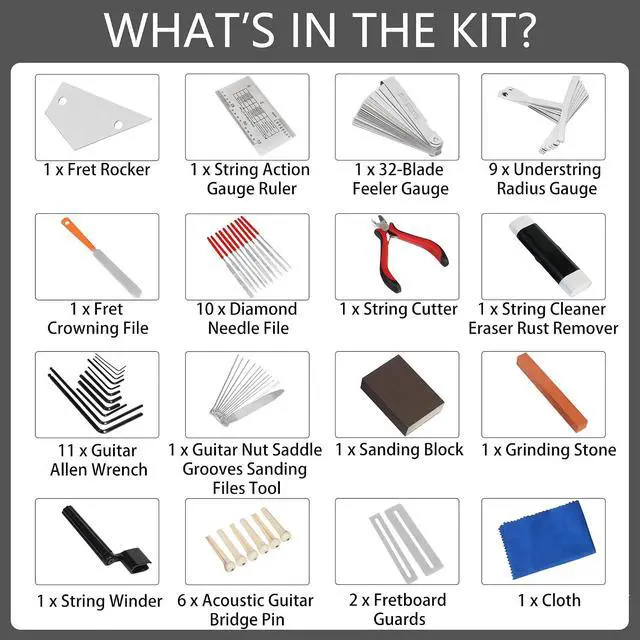Alt view image 2 of 6 - Guitar Repairing Maintenance Kit with Measuring Ruler Gauges Files Hex Wrenches String Winder Cutter Cleaner for Guitar Bass Ukulele Banjo, Guitar Setup Tool Kit for Luthier Beginner Enthusiast
