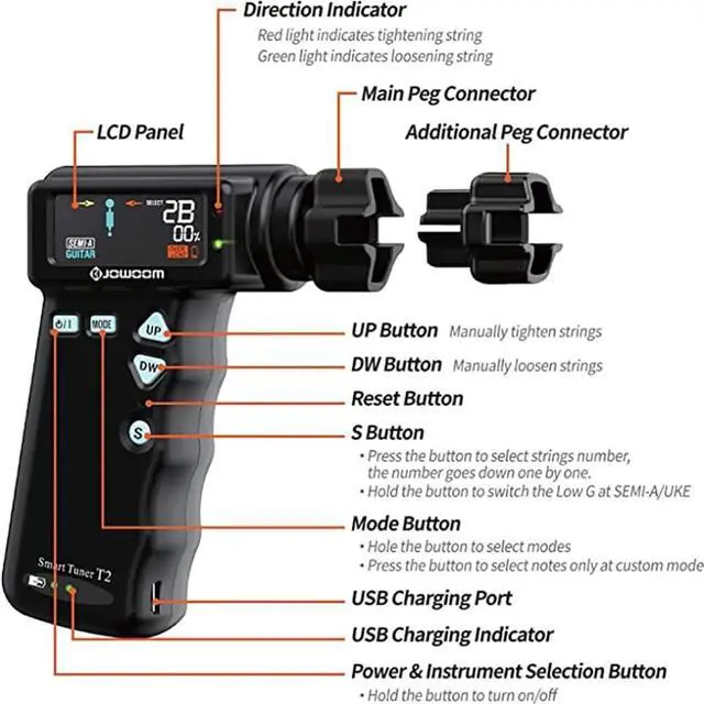 Alt view image 3 of 7 - T2 Smart Guitar Tuner & Automatic Peg String Winder 2-in-1 Multi-functional String Instrument Tool for Guitars/Ukulele/Banjo/Mandolin