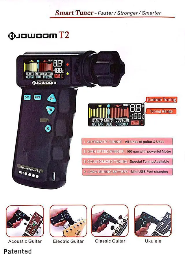 Alt view image 4 of 7 - T2 Smart Guitar Tuner & Automatic Peg String Winder 2-in-1 Multi-functional String Instrument Tool for Guitars/Ukulele/Banjo/Mandolin