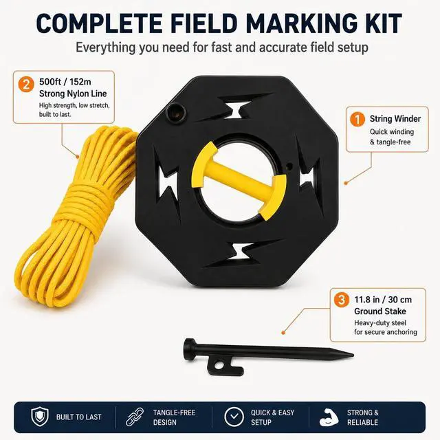 Alt view image 2 of 7 - Sports Standard String Winder Kit Include 500 ft 9-Strands Strong Nylon String Line and 30cm Ground Nail, Large Capacity Baseball Field Line Cord Storage Reel with Multiple Tie-Off Slots