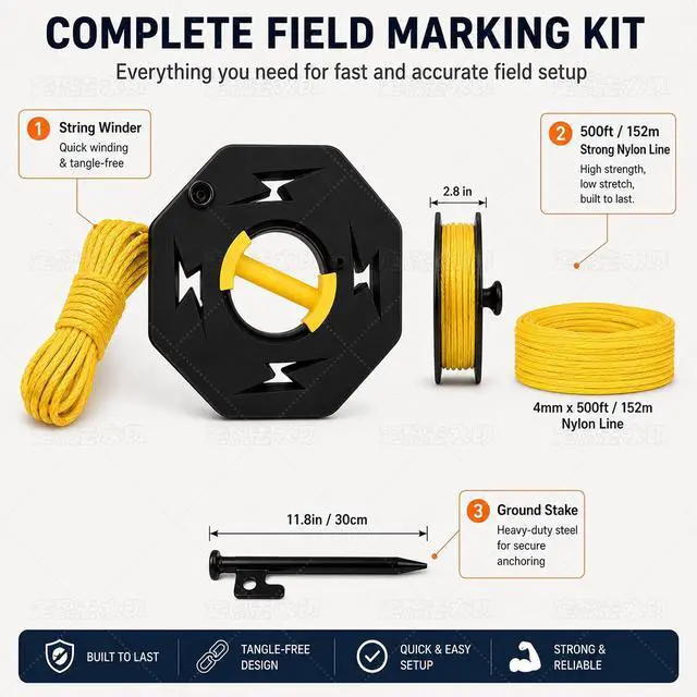 Alt view image 3 of 7 - Sports Standard String Winder Kit Include 500 ft 9-Strands Strong Nylon String Line and 30cm Ground Nail, Large Capacity Baseball Field Line Cord Storage Reel with Multiple Tie-Off Slots