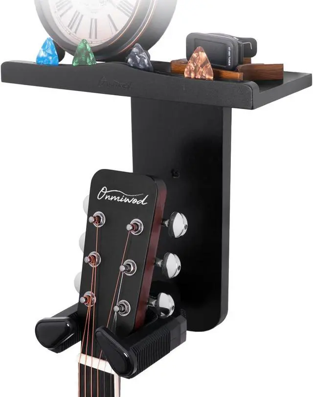 Main image of Guitar Wall Mount, Auto Lock Guitar Hanger, Black Wood Guitar Wall Hangers Shelf with Pick Holder, Guitar Holder Wall Mount for Acoustic, Electric Guitar, Ukulele, Bass, Mandolin