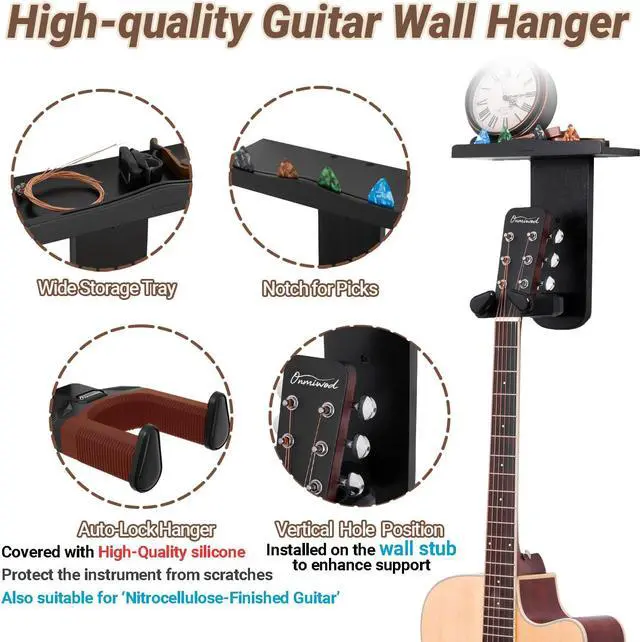 Alt view image 2 of 7 - Guitar Wall Mount, Auto Lock Guitar Hanger, Black Wood Guitar Wall Hangers Shelf with Pick Holder, Guitar Holder Wall Mount for Acoustic, Electric Guitar, Ukulele, Bass, Mandolin
