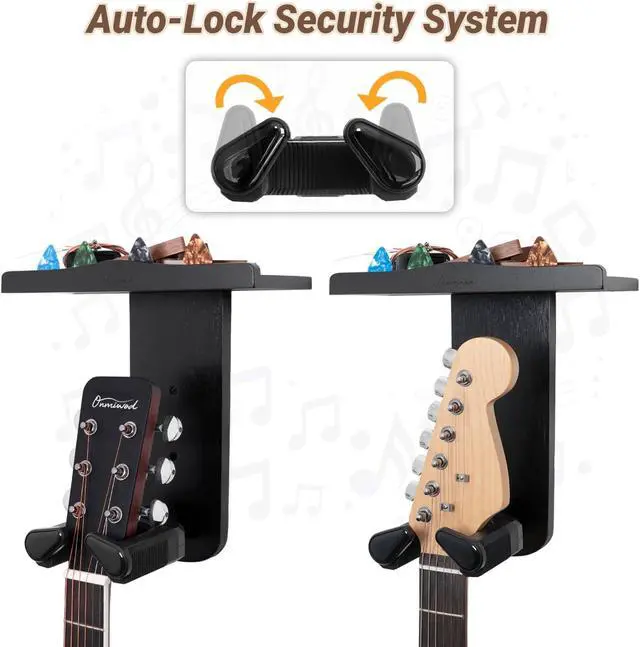Alt view image 3 of 7 - Guitar Wall Mount, Auto Lock Guitar Hanger, Black Wood Guitar Wall Hangers Shelf with Pick Holder, Guitar Holder Wall Mount for Acoustic, Electric Guitar, Ukulele, Bass, Mandolin