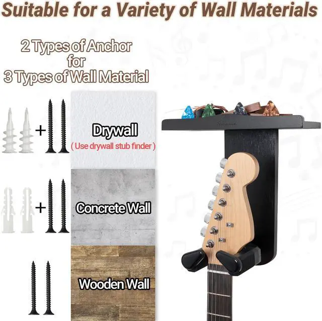 Alt view image 6 of 7 - Guitar Wall Mount, Auto Lock Guitar Hanger, Black Wood Guitar Wall Hangers Shelf with Pick Holder, Guitar Holder Wall Mount for Acoustic, Electric Guitar, Ukulele, Bass, Mandolin