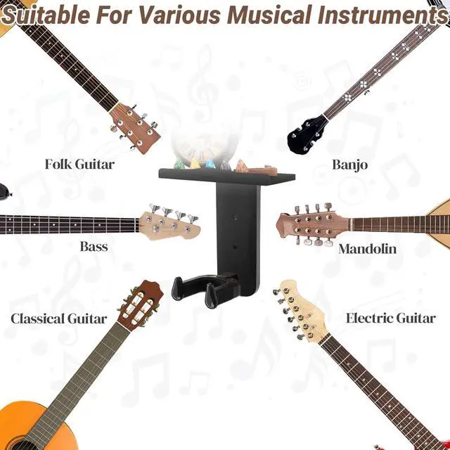 Alt view image 7 of 7 - Guitar Wall Mount, Auto Lock Guitar Hanger, Black Wood Guitar Wall Hangers Shelf with Pick Holder, Guitar Holder Wall Mount for Acoustic, Electric Guitar, Ukulele, Bass, Mandolin