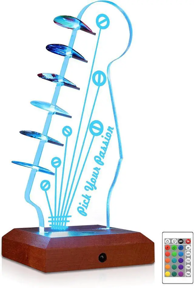 Main image of Guitar Accessories, Light Up Guitar Pick Holder, 16-Color Changing Acrylic & Wood Guitar Headstock Display for Picks, Gift for Guitarists Musician