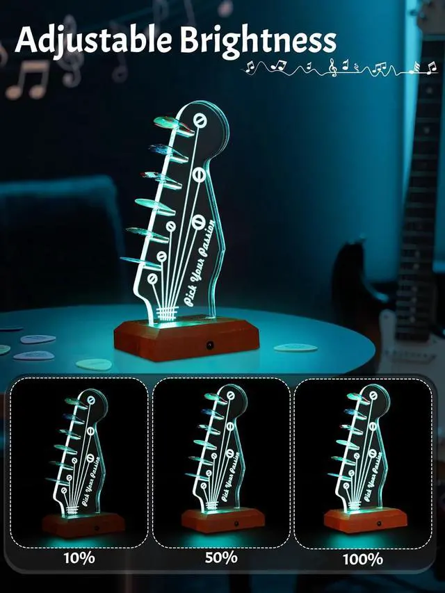 Alt view image 2 of 7 - Guitar Accessories, Light Up Guitar Pick Holder, 16-Color Changing Acrylic & Wood Guitar Headstock Display for Picks, Gift for Guitarists Musician
