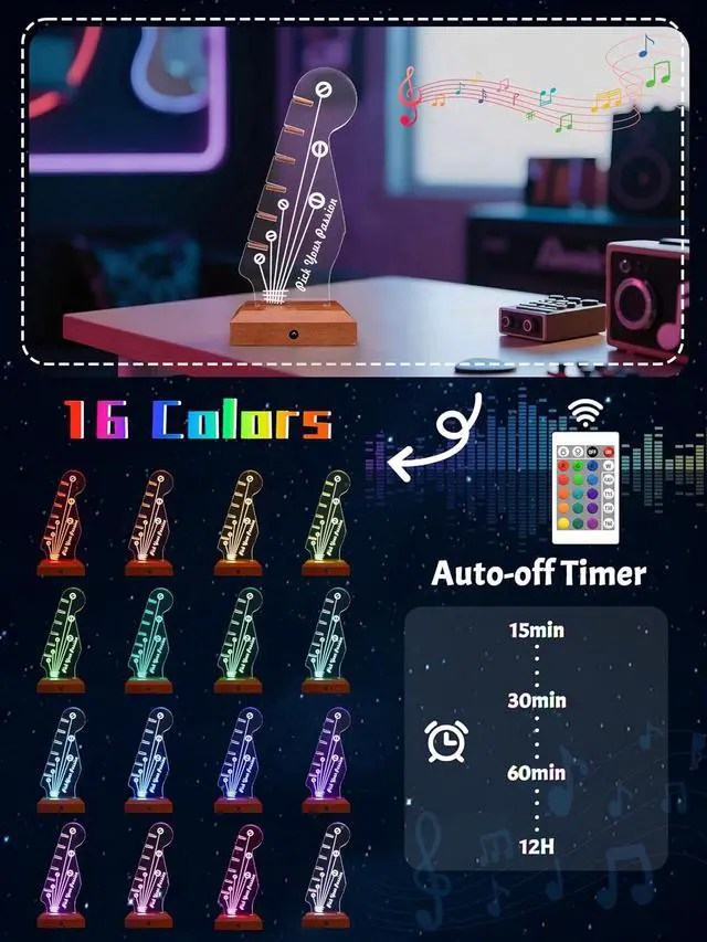 Alt view image 3 of 7 - Guitar Accessories, Light Up Guitar Pick Holder, 16-Color Changing Acrylic & Wood Guitar Headstock Display for Picks, Gift for Guitarists Musician