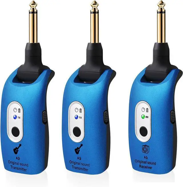 Main image of A9 Wireless Guitar System 2.4GHz Wireless Guitar Transmitter and Receiver, Rechargeable,4 Channels, 100FT/30m Range,270° Rotatable Plug,for Electric Guitar Bass (Blue(2TX+1RX))