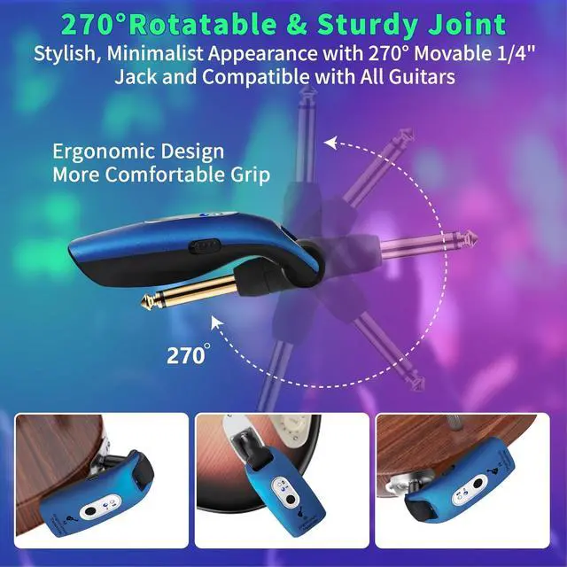 Alt view image 4 of 7 - A9 Wireless Guitar System 2.4GHz Wireless Guitar Transmitter and Receiver, Rechargeable,4 Channels, 100FT/30m Range,270° Rotatable Plug,for Electric Guitar Bass (Blue(2TX+1RX))