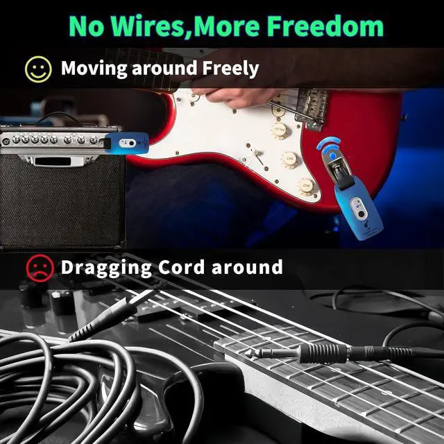 Alt view image 6 of 7 - A9 Wireless Guitar System 2.4GHz Wireless Guitar Transmitter and Receiver, Rechargeable,4 Channels, 100FT/30m Range,270° Rotatable Plug,for Electric Guitar Bass (Blue(2TX+1RX))
