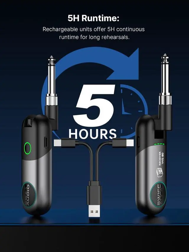 Alt view image 6 of 7 - Wireless Guitar System, Wireless Guitar Transmitter Receiver with 10 Channels, Dual Interface Design Guitar Wireless System for 6.35mm/3.5mm Audio Devices