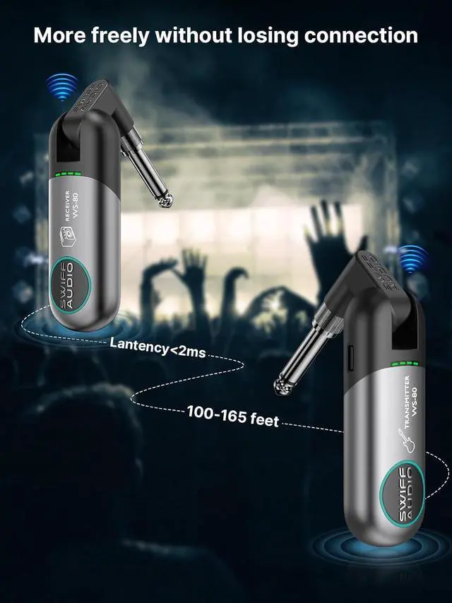 Alt view image 7 of 7 - Wireless Guitar System, Wireless Guitar Transmitter Receiver with 10 Channels, Dual Interface Design Guitar Wireless System for 6.35mm/3.5mm Audio Devices
