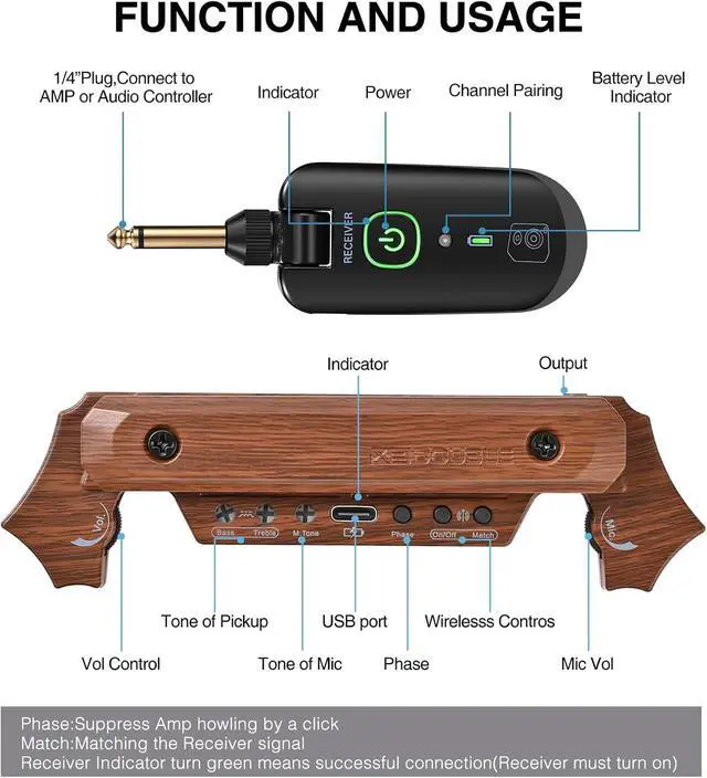 Alt view image 2 of 6 - Wireless Acoustic Guitar Pickup Rechargable Magnetic And Microphone Soundhole Pickup For Acoustic Guitar Build-In Volume Control(Wood Grain)