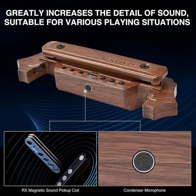 Alt view image 3 of 6 - Wireless Acoustic Guitar Pickup Rechargable Magnetic And Microphone Soundhole Pickup For Acoustic Guitar Build-In Volume Control(Wood Grain)