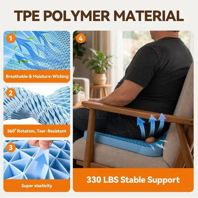 Alt view image 3 of 7 - TPE Double Layer Gel Seat Cushion for Long Sitting - Enlarged Thickened Patent Design with Ergonomic Coccyx Support, Soft Breathable Cooling Non-Slip Bottom for Office Chair, Car, Wheelchair