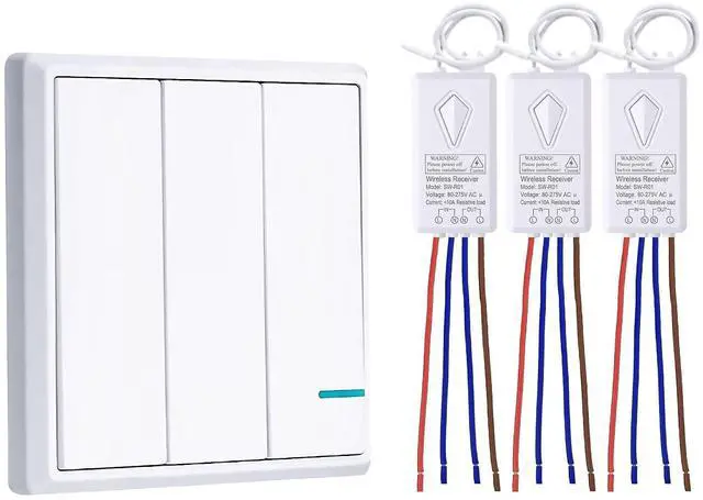 Main image of Wireless Light Switch, 3 Gang Wall Switch with Mini Receiver, Outdoor 1900ft Indoor 160ft Remote Control House Office Hotel Factory Ceiling Lamp LED, No Wiring, IP66 Waterproof