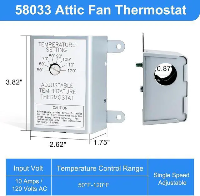 Alt view image 6 of 7 - 2 Pack Attic Fan Thermostat Control for Power Attic Ventilators and Exhaust Fans, 120V Adjustable Thermostat Switch Replace 58033 Single Speed Precise Temperature Controller
