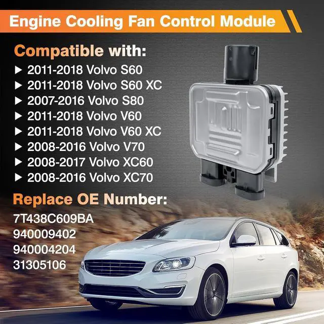 Alt view image 2 of 7 - Cooling Fan Control Module Compatible with 2011-2018 Volvo S60 V60, 2007-2016 Volvo S80, 2008-2016 Volvo V70 XC60 XC70, Engine Radiator Fan Control Unit Replaces 7T438C609BA 940004204