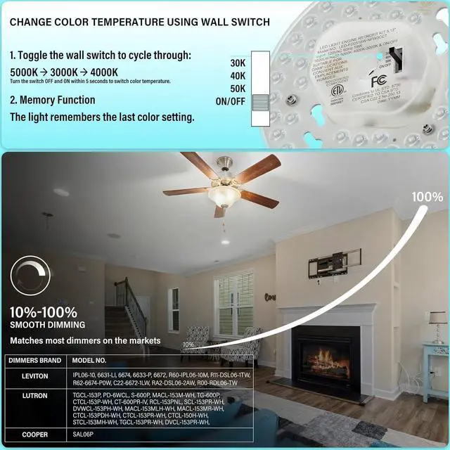 Alt view image 4 of 7 - 5.12" Dimmable LED Light Engine Retrofit Kit: 120V, 3CCT, CRI90, 1620LM, 18W Magnetic or Screw Mount Ceiling Fan Light Replacement Module for Flush Mount & Pendant Lights, ETL, 4 Packs