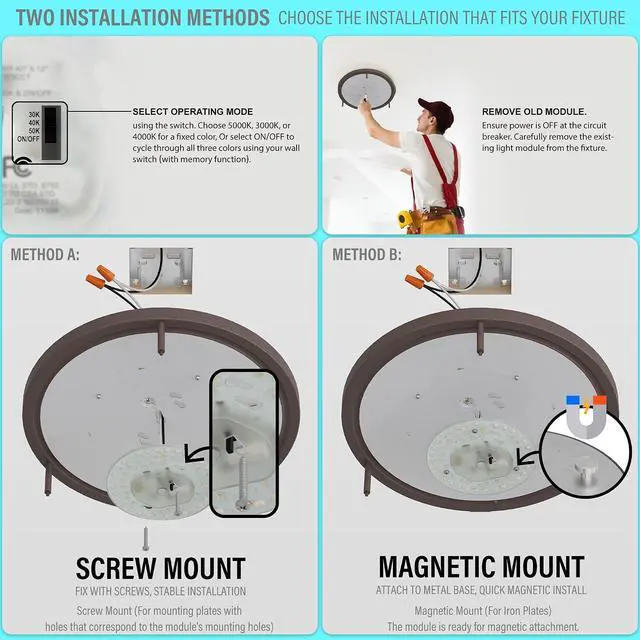 Alt view image 6 of 7 - 5.12" Dimmable LED Light Engine Retrofit Kit: 120V, 3CCT, CRI90, 1620LM, 18W Magnetic or Screw Mount Ceiling Fan Light Replacement Module for Flush Mount & Pendant Lights, ETL, 4 Packs