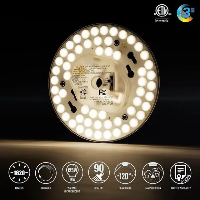 Alt view image 7 of 7 - 5.12" Dimmable LED Light Engine Retrofit Kit: 120V, 3CCT, CRI90, 1620LM, 18W Magnetic or Screw Mount Ceiling Fan Light Replacement Module for Flush Mount & Pendant Lights, ETL, 4 Packs