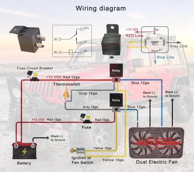Alt view image 4 of 7 - Dual Electric Fan Relay Kit Electric Radiator Fan Kit Temperature Sensor Switch 185 On 175 Off Automotive Wiring Kit 60 Amp Cooling Fan Relay Switch Kit 4 Pin Waterproof Relay Kit