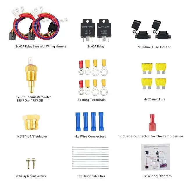 Alt view image 6 of 7 - Dual Electric Fan Relay Kit Electric Radiator Fan Kit Temperature Sensor Switch 185 On 175 Off Automotive Wiring Kit 60 Amp Cooling Fan Relay Switch Kit 4 Pin Waterproof Relay Kit